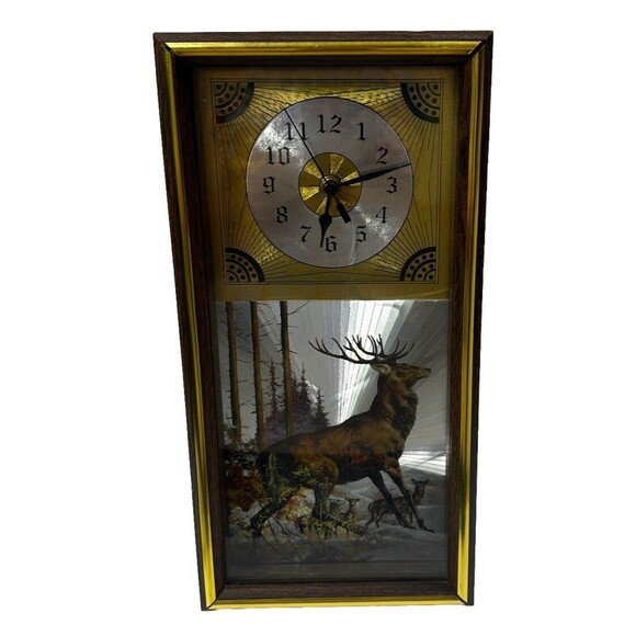 Vintage 1980s Elk Wall Clock - Electronic - Rectangular Reflective Foil - 14"x7" - Picture 1 of 6
